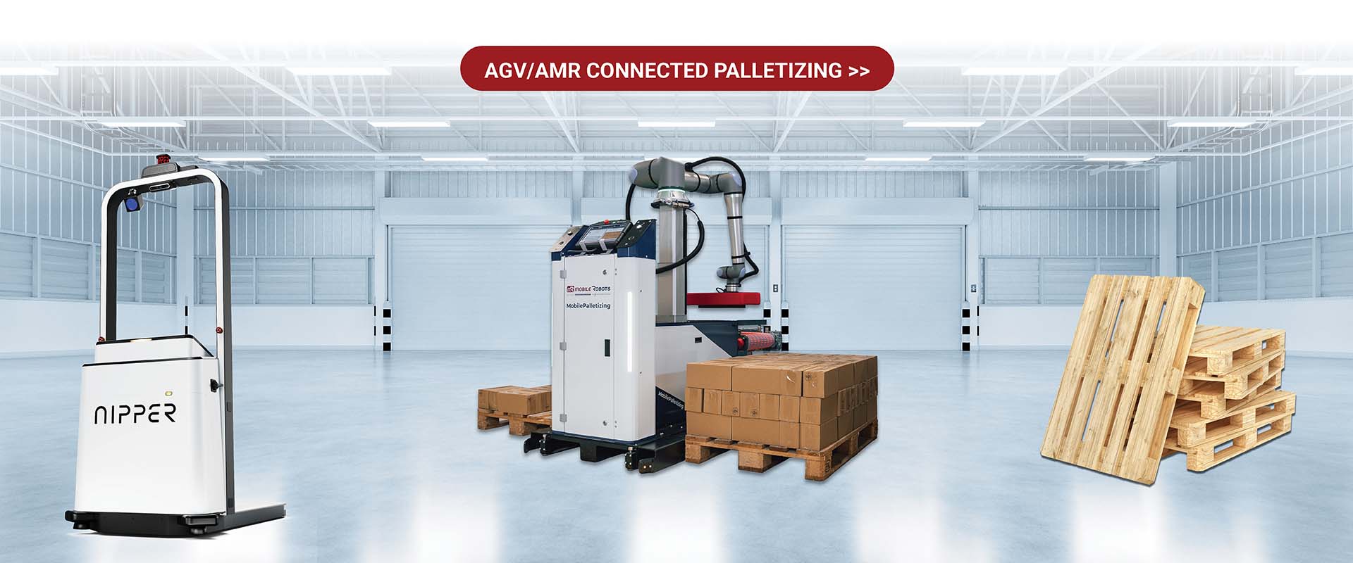 Compatible with the Nipper AGV V4: The AGV-connected Cobot Palletizing with MobilePalletizing by mR MOBILE ROBOTS.